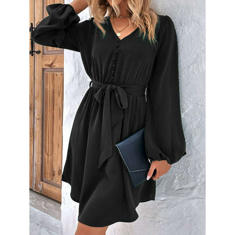 woven-v-neck-long-sleeve-lantern-dress-–-high-waist-elegant-fitsmiling-maria---everything-for-women-34656358