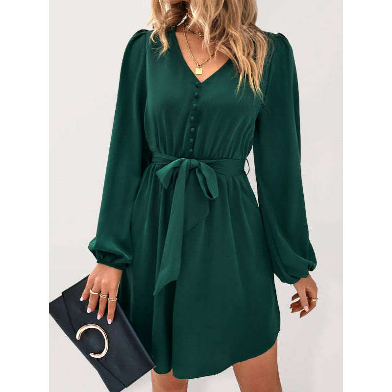 woven-v-neck-long-sleeve-lantern-dress-–-high-waist-elegant-fitsmiling-maria---everything-for-women-34656353