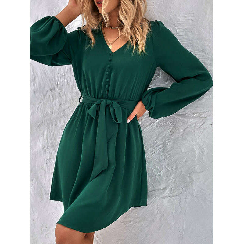 woven-v-neck-long-sleeve-lantern-dress-–-high-waist-elegant-fitsmiling-maria---everything-for-women-34656356