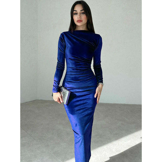 solid-color-slim-fit-pleated-long-sleeve-dress-–-round-neck-autumn-stylesmiling-maria---everything-for-women-34645709