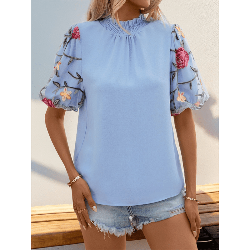 embroidered-mesh-splice-short-sleeve-shirt-with-stand-collarsmiling-maria---everything-for-women-34701739