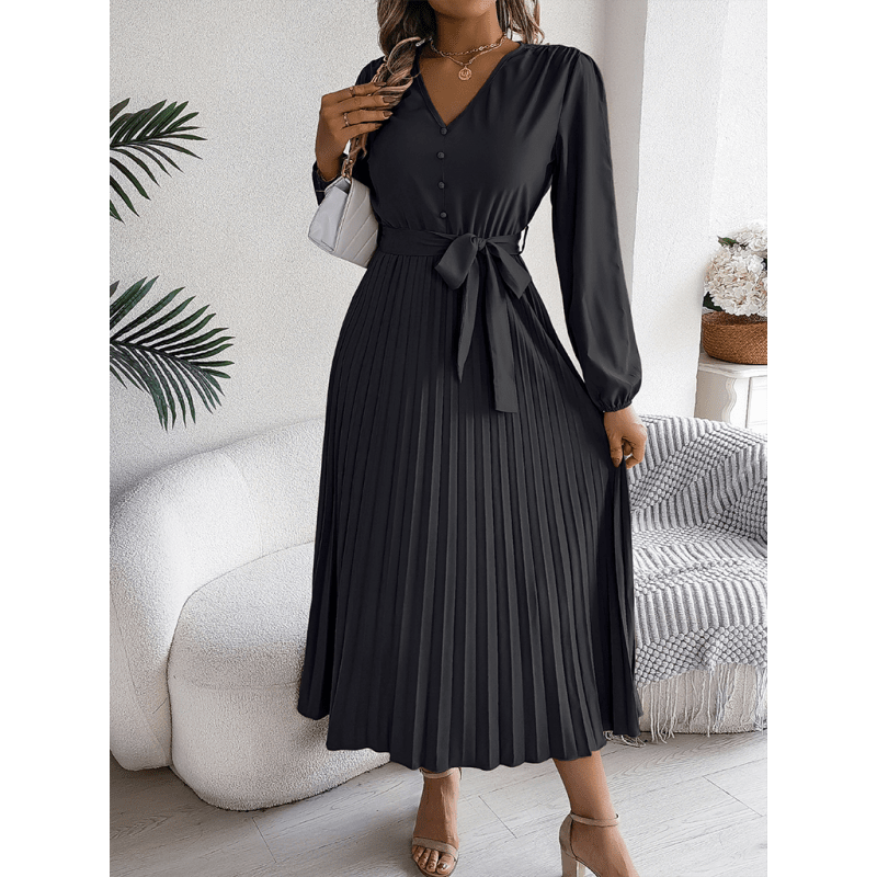 pleated-v-neck-tie-waist-long-dresssmiling-maria---everything-for-women-34669867