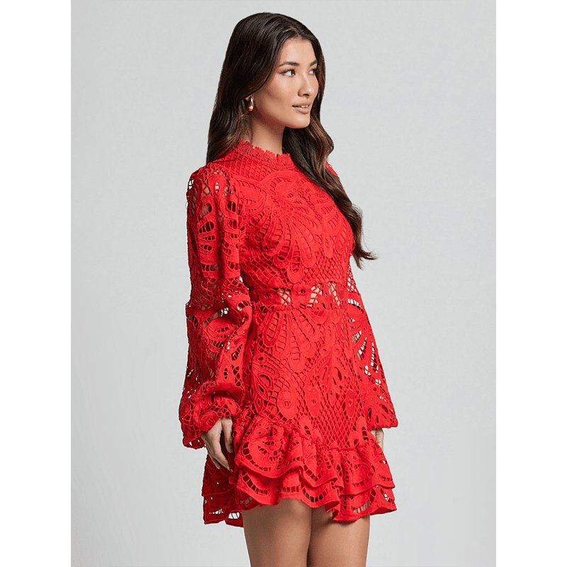 elegant-lace-a-line-mini-dress-with-lantern-sleeves-ruffle-trimsmiling-maria---everything-for-women-34645309