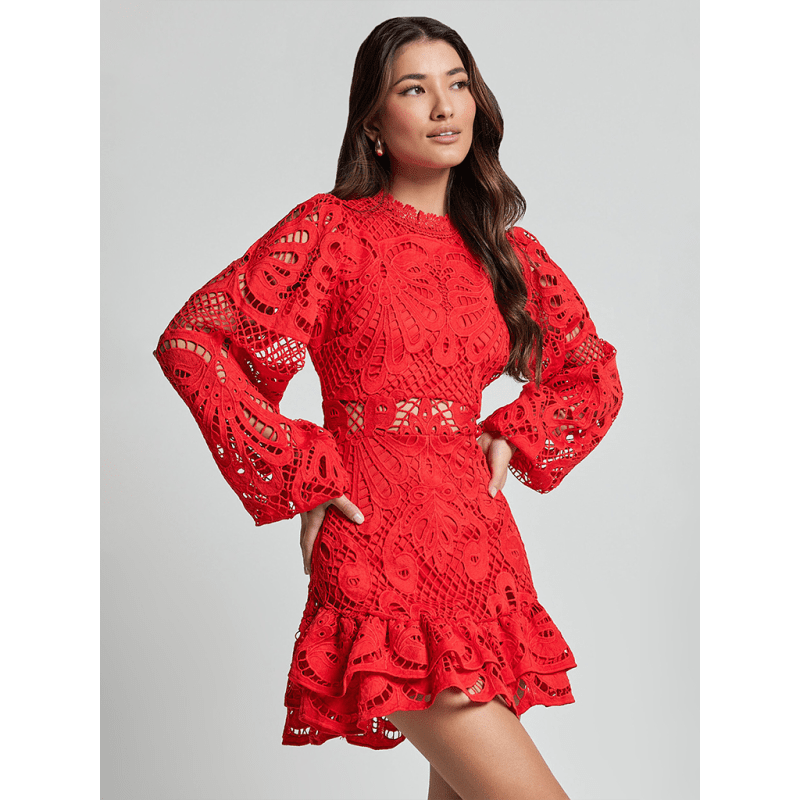 elegant-lace-a-line-mini-dress-with-lantern-sleeves-ruffle-trimsmiling-maria---everything-for-women-34645310