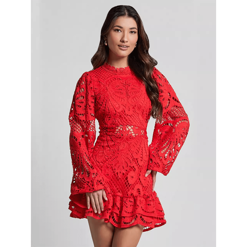 elegant-lace-a-line-mini-dress-with-lantern-sleeves-ruffle-trimsmiling-maria---everything-for-women-34645307