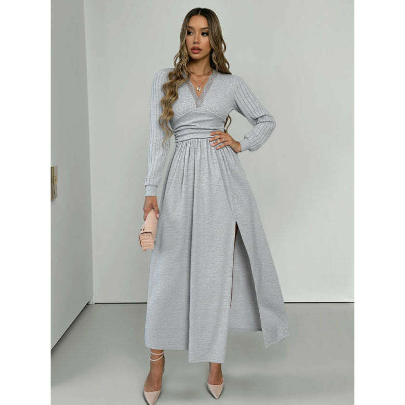 misty-grey-v-neck-long-sleeve-knit-dress-with-side-slit-–-autumn-leisure-fitsmiling-maria---everything-for-women-34644664
