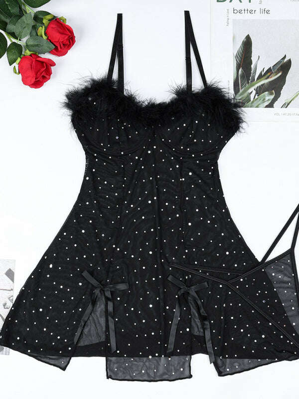 sheer-mesh-feather-slit-dress-set-34755571