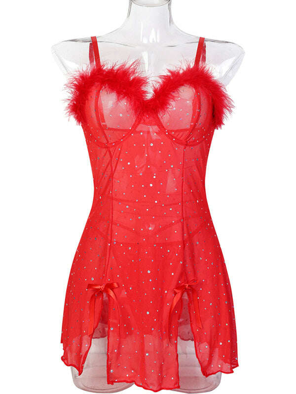 sheer-mesh-feather-slit-dress-set-34755566